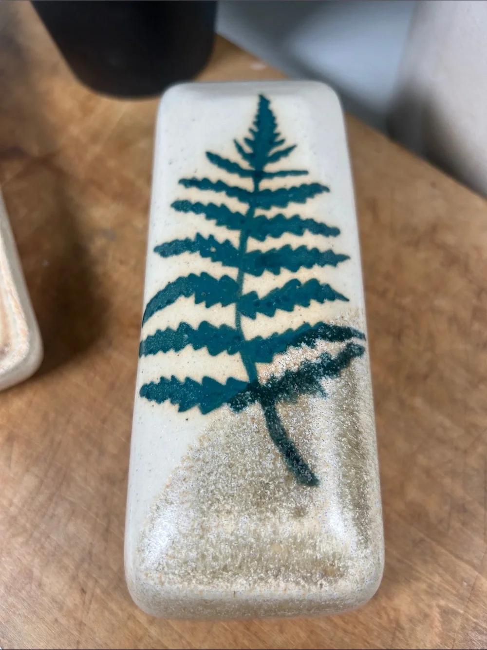 Stoneware Butter Dish Studio Pottery Handmade w/ Green Fern Motif Artist Signed
